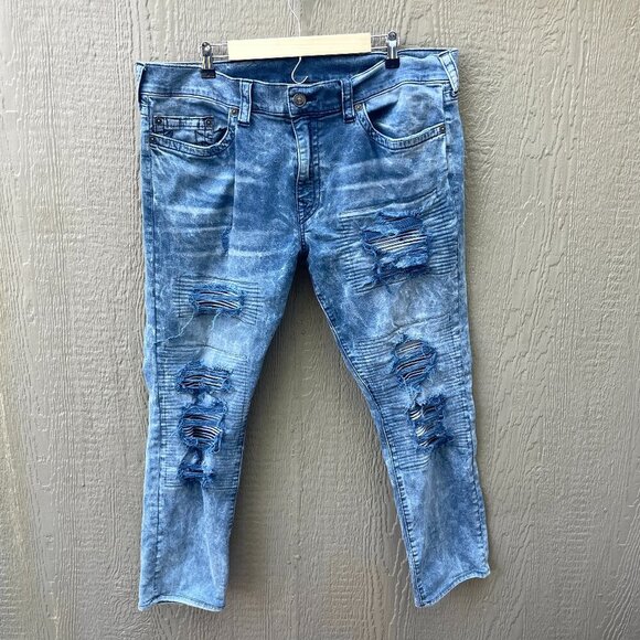 True Religion Men Jeans 40X30‎ Rocco Relaxed Skinny Acid Wash Distressed - Picture 1 of 12